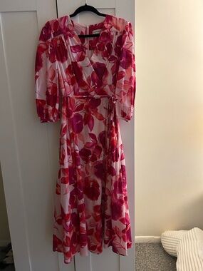 Calvin Klein Pink & Fuchsia Floral Wrap Midi Dress